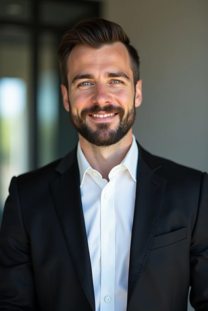 “A well-groomed man with a neatly trimmed beard, standing confidently against a neutral or corporate background. He is wearing a black suit jacket over a crisp white shirt. His look is polished and professional, with natural lighting that highlights his features. His expression is calm yet approachable, with a slight smile or neutral look, conveying both confidence and professionalism.