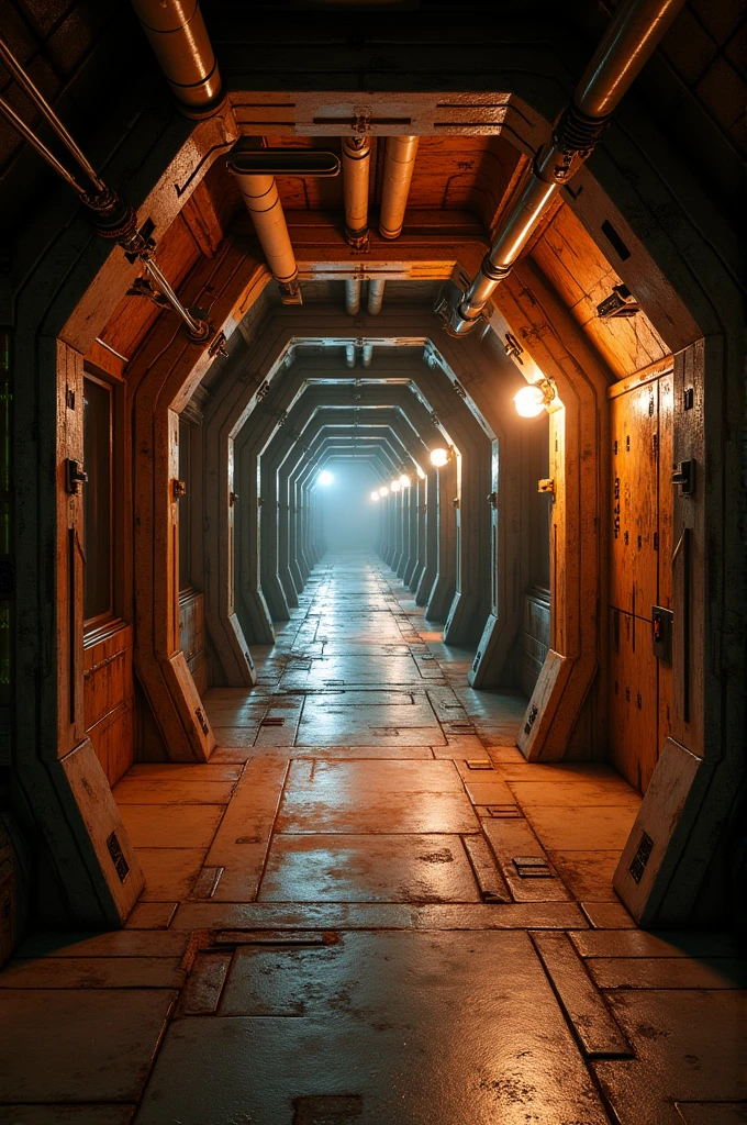 The interior of a used starship. Is has dim lighting, a large, wide corridor with an orange shading.