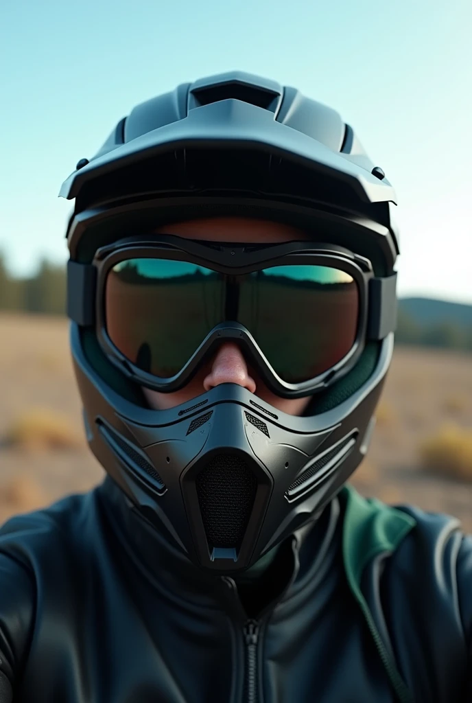 (photorealism:1.2), A selfie of a man wearing a black motorcycle helmet with dark green details, polarized motocross goggles . The helmet, The glasses completely cover his face and nose... The scene takes place outdoors, in natural daylight, with an open landscape in the background showing distant trees and hills, black leather jacket