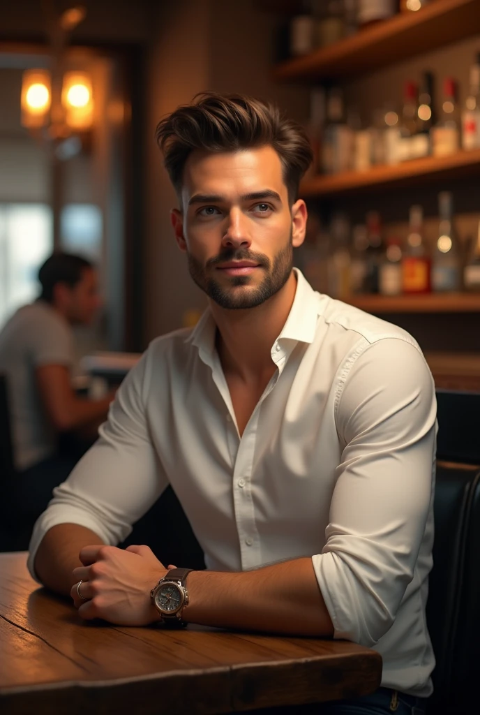 man, 30 years, moreno, hazel eyes, handsome, with white shirt, realist, whole body, pub, 