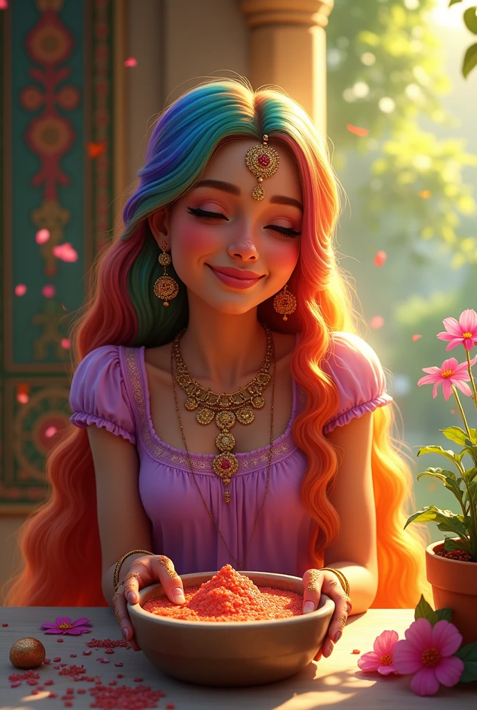 Indian Rapunzel is happy and she is applying henna paste on her long rainbow hair by herself