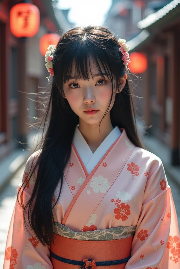 28歳のJapan人女性、Light kimono、The whole body is shown、The eyes are double、Baby face、Not facing the front、 Japan、Kyoto temple road、Being photographed、Medium-long black hair
