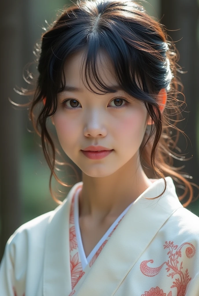28歳のJapan人女性、Light kimono、The whole body is shown、The eyes are double、Baby face、Not facing the front、 Japan、Kyoto temple road、Being photographed、Medium-long black hair