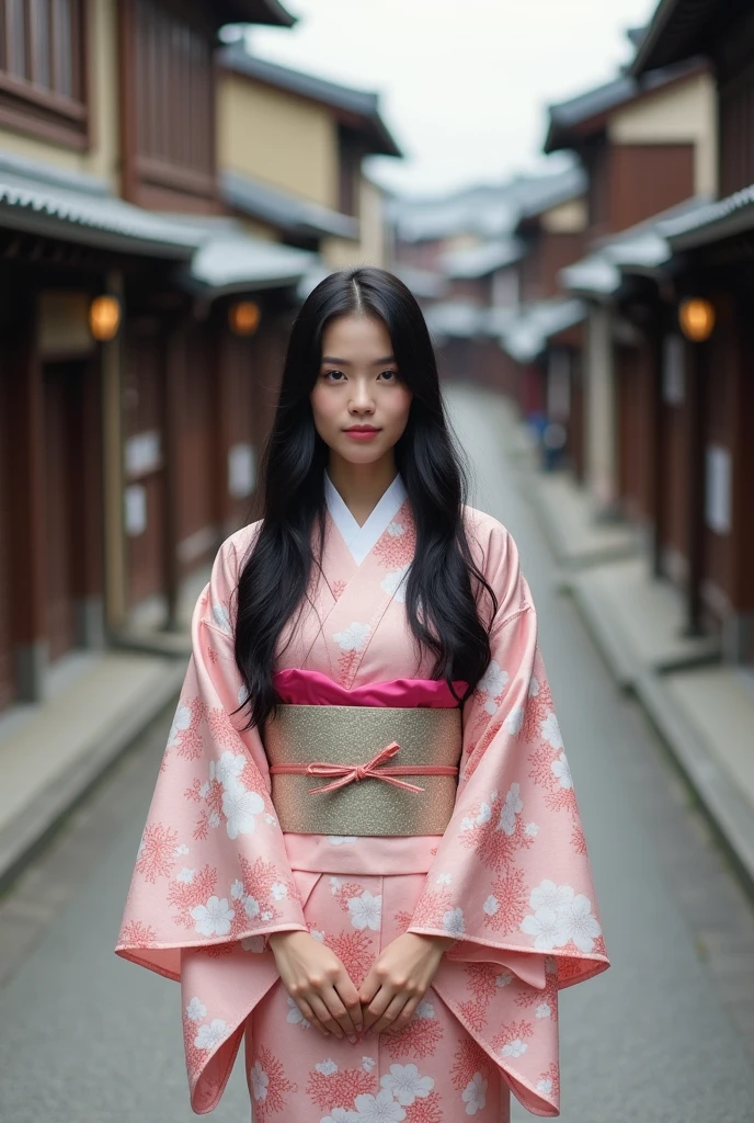 28歳のJapan人女性、Light kimono、The whole body is shown、The eyes are double、Baby face、Not facing the front、 Japan、Kyoto temple road、Being photographed、Medium-long black hair
