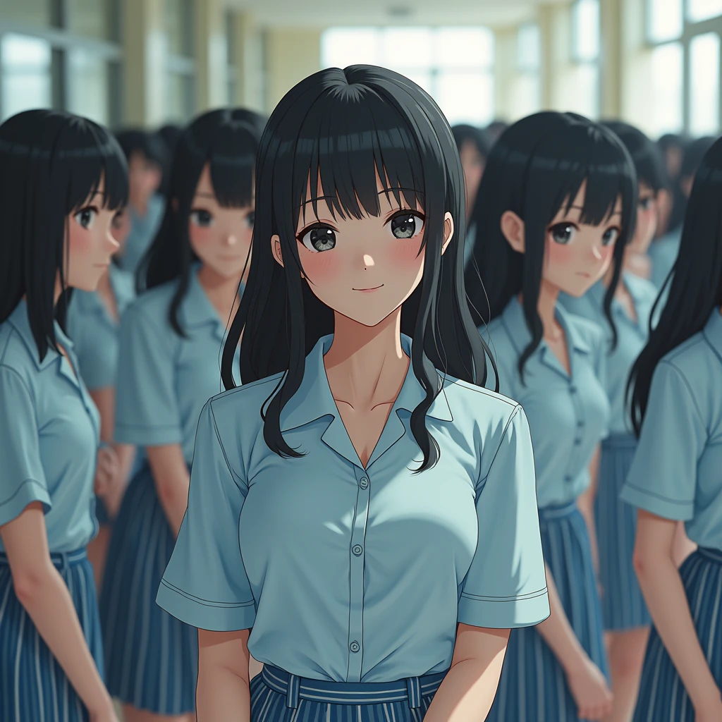 (((((Japanese Clone-girls=Myself))))), (((Super Best Perfect Clone-girls Raw Photography Art), (16K, Highest quality, Ultra-high resolution, Real Photography, RAW quality))), (((It's so unrealistic., An astonishing world view, With an unfathomable sight, In an out-of-this-world situation, In a world where Myself Clone-girls are multiplying in large numbers, Ultra-realistic, Delusion))), (((Japanese Girls, hashimoto-kanna, 17yo, Small face, Thick black hair, Semi-long hair, Dark Eyes, Mature face, Cute Smile, Smiling face, A gentle gaze, (((Very happy laughter)))))), (((Very beautiful detailed girls, Accurate body structure, Accurate body movements, Very detailed body, (((Big Breasts, J-Cup)))))), (((Summer Girls' School Uniform, Light blue shirt, I can see the cleavage, Big Breasts強調, blue and white striped mini skirt))), ((((((((Very detailed, Myself cloning, Depiction of splitting oneself, 1Myself girl-cloning-1,000,000,000,000,000,000,000,000,000,000Myself clone-girls)))))))), (((((((Very detailed clone depiction, (((The same perfect female body as Myself, Myself and the same perfect face, Perfect same hairstyle as Myself, Myself and the perfect same outfit, Perfect height with myself, Myself and perfect J-Cup)))))))))), (((((Myself clone-girls only))))), (((((1,000,000,000,000,000,000,000,000,000,000Myself clone-girls))))), (((Very detailed, Extremely crowded, Body-to-body contact with no gaps))), (Bright and soft lighting), (((((Clear and accurate perspective depiction, super wide view, Ultra-wide field of view, Focus on the average value of the image))))), (((((Myself clone-girls, With very detailed depiction, Pleasant conversation, Holding hands, Hug, Skinship between thousands of Myselves))))), School building, classroom, corridor, Lounge, Atrium Hall, spiral stage, Elevator, gym, School Assembly, after school