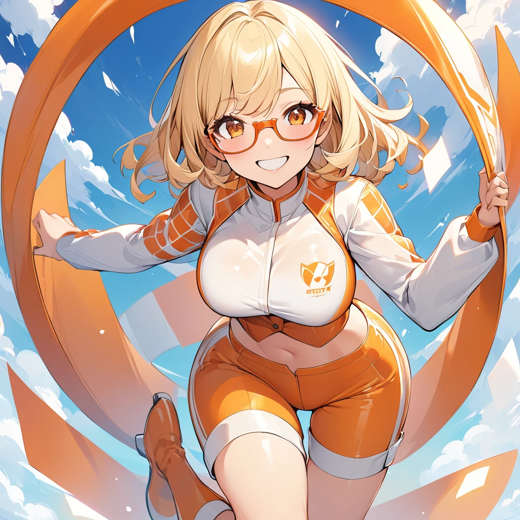Illustration of a grid girl with short blonde hair and glasses。Characters are dressed as grid girls。The costume is a shiny orange and white costume.、The top is short。Orange and white pattern on sleeves、Bottoms are tight shorts。On her feet she wears orange high-heeled boots.。Have a cheerful and confident smile。