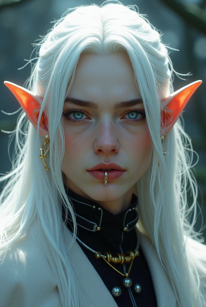 A man with fluffy white hair down to his shoulders and blue eyes, with gold ear piercings (helix and lobule and not labial (snake bite). Nube has two long, sharp fangs whose tips appear above his lips and long, pointed ears.