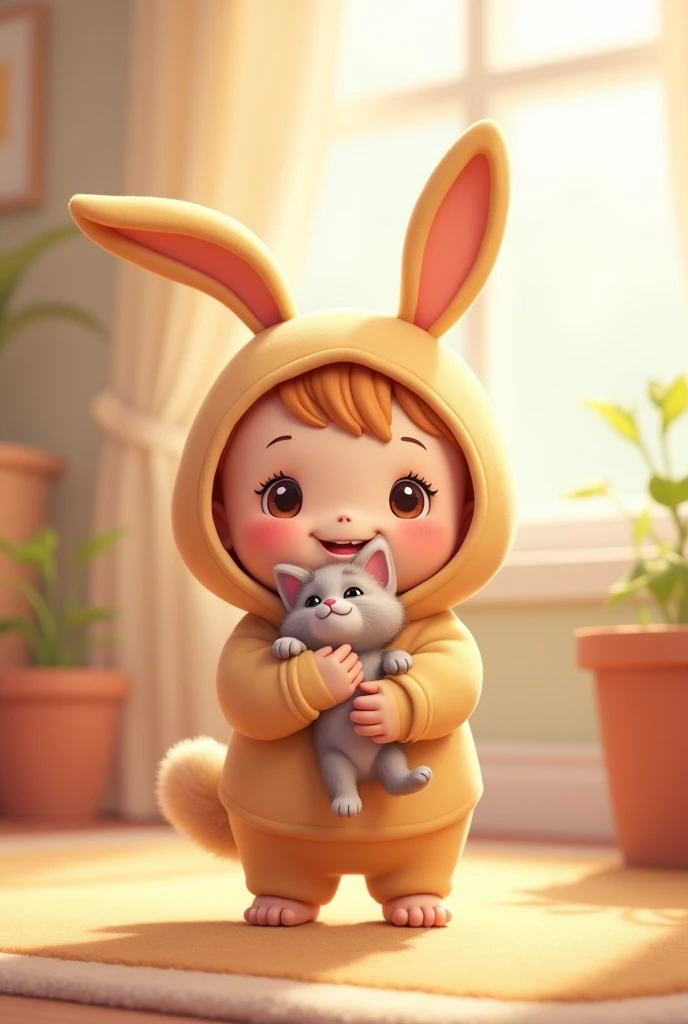 Cute cartoon standing holding kitten with bunny hoodie and sweatshirt