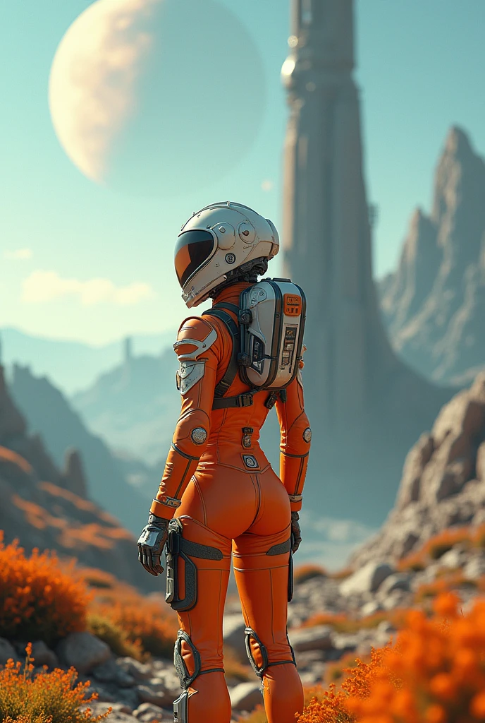 ((obra-prima)), (melhor qualidade)), 8k, alto detalhe, hiper-detalhe, The painting depicts a scene of breathtaking magnificent spatial imagery. A imagem mostra uma mulher vestindo um traje espacial, rear facing, Looking at a bright red planet in space. Scenes are extremely detailed and the clarity is extraordinary, capturando cada detalhe intrincado do panorama.
