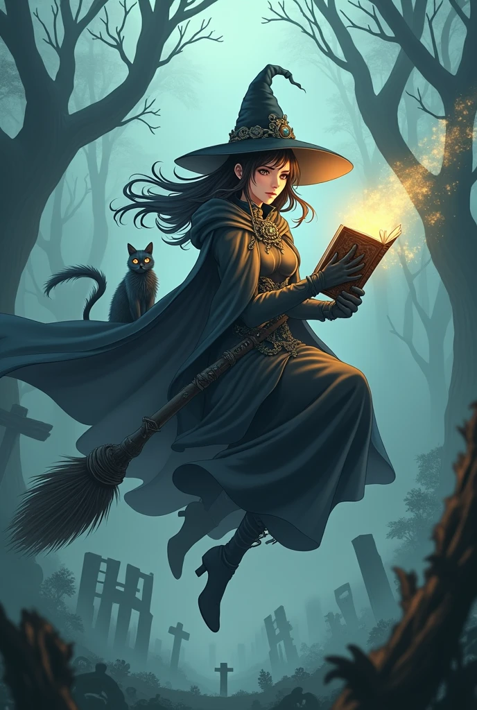 witch flying on a broom with a book and a cat, from the black mage cemetery!!!, mechanized witch girl, sorcerer magic witch, classical witch, anime style, from girls frontline, fine details. girls frontline, girls frontline universe, girls frontline style, girls frontline, girls frontline cg, soft anime illustration, 2 0 2 2 anime style, 2022 anime style, pixiv contest winner, pretty anime character design, render of april