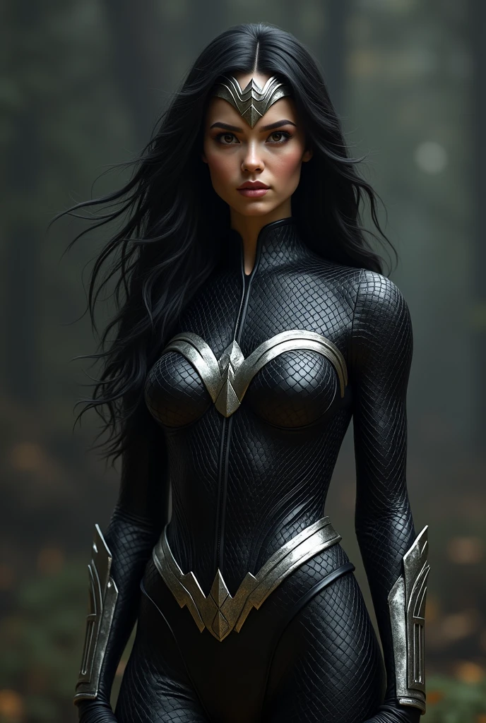 A beautiful woman with long black hair under the mantle of the Amazon warrior Wonder Woman in a black leather suit that covers her entire body with tiny scales all over the suit Red Wonder Woman corset diaema in silver-colored metal Silver-colored metal bracelets Black boots fitted to the suit (((without cape)))