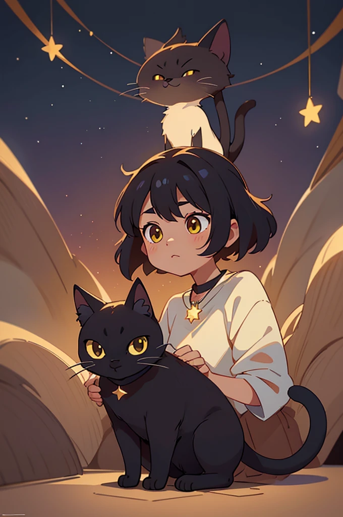 "A mystical, elegant black cat with sleek, short fur like a Bombay breed, and a slender, graceful full-body figure. The cat has an adorable, charming expression, with bright, glowing yellow eyes that contrast against its dark fur, adding to its enchanting aura. Around its neck, it wears an astrology-inspired necklace with a small star pendant that glows softly with magical energy. Its deep, captivating eyes seem to hold the secrets of the universe. The cat's tail curls gracefully, and its entire body has a smooth and refined appearance. The overall aura is calm and composed, reminiscent of Jiji from the Studio Ghibli movie Kiki's Delivery Service, but with a more mature and enigmatic presence. The background is illuminated by soft, magical lighting, with stars and celestial symbols subtly glowing around the cat."