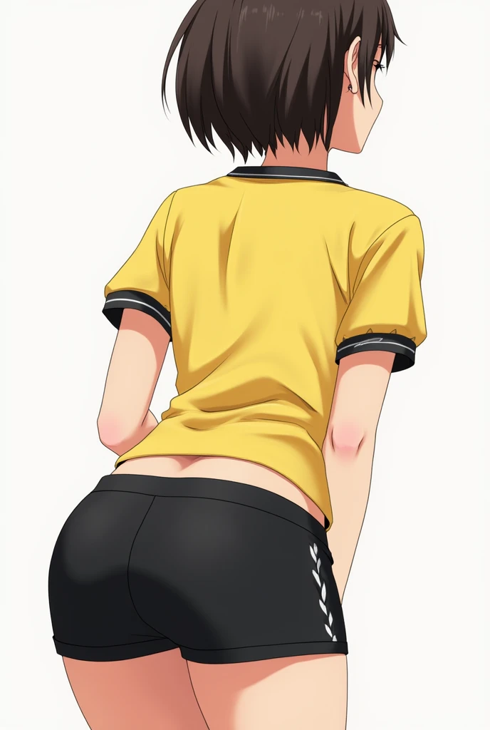 Generates an image of a girl with short hair and a yellow uniform shirt with black PE shorts and bends over and looks very sexy from behind seen from behind with her black shorts and a big butt seen from behind. anime