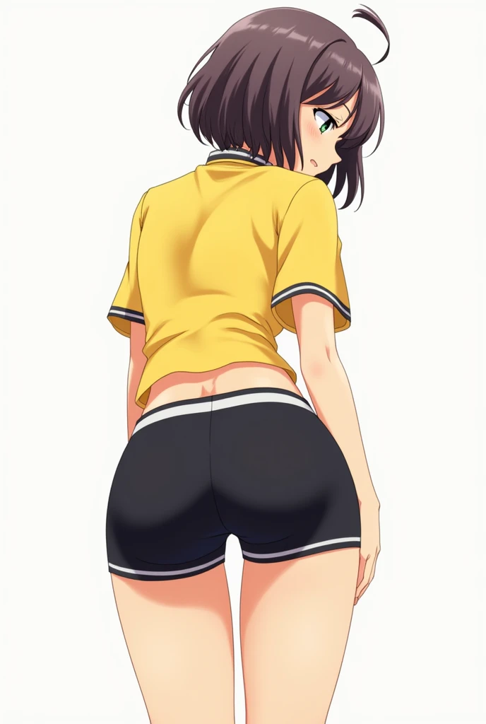 Generates an image of a girl with short hair and a yellow uniform shirt with black PE shorts and bends over and looks very sexy from behind seen from behind with her black shorts and a big butt seen from behind. anime