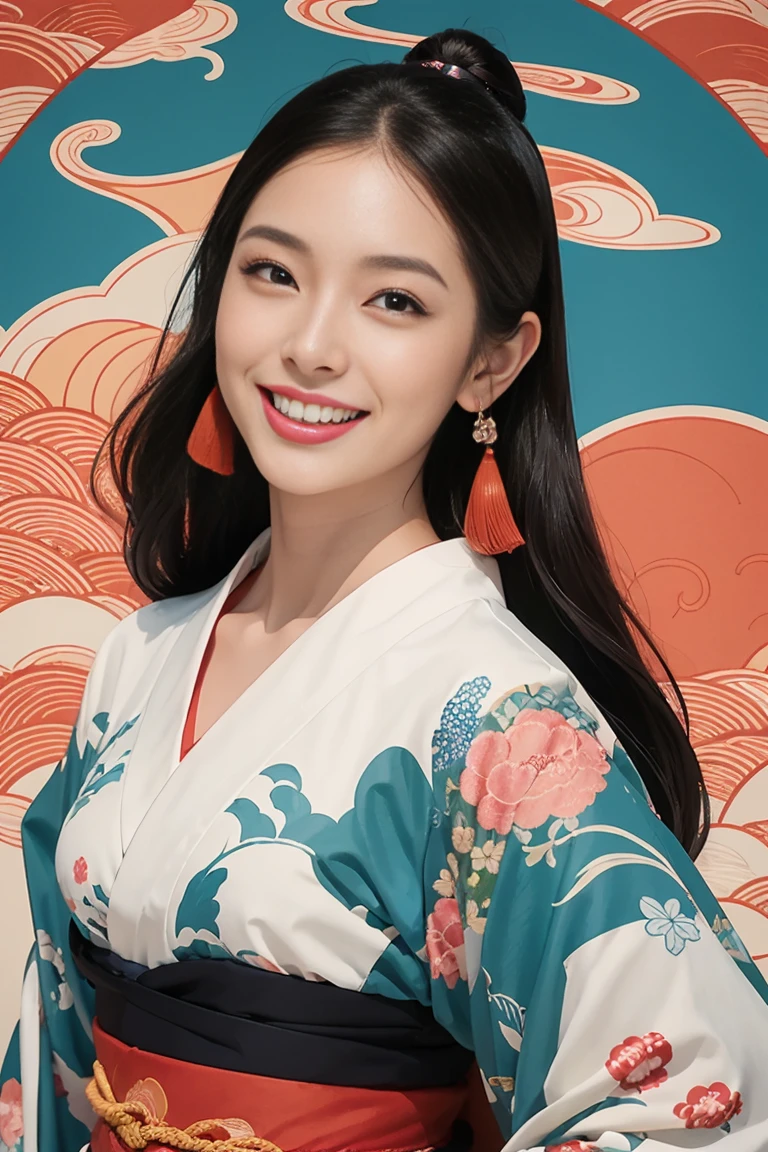 (SeaArt creates stunning illustrations of beautiful women in kimonos)、Vividly colored Ukiyo-e style illustrations、Beautiful woman smiling and showing her upper white teeth、Brown-black long hair、Beautiful full body style、Let me'Let's try dancing the Tokyo Ondo、Beautiful new digital paintings,、Bright and vibrant digital anime art、 Beautiful anime portraits、background、Torii gate of the Japan shrine,front、 Detailed digital anime art
