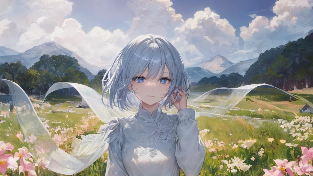 Ultra HD,Look at the viewers, Place your hands behind your back, and, 20-year-old, 非常にshort hair, Long bangs between the eyes, Pale blue eyes, Very detailed,(masterpiece、Highest quality),Gray Hair、Laughter、wonderful, Silver Hair, iris, short hair、 Fluttering Hair、Small face、明るいsmile、(Detailed face) ,Professional Lighting,wonderful風景,blue sky, sunlight,Looking down from above,Portraiture、Open your mouth、Flower Field、Her eyes were shining、Mysterious and enchanting atmosphere。With AI Painting、andてもshort hair, Long bangs between the eyes, Very detailed,(masterpiece、Highest quality)、alone、Gray Hair、Fantasy, Silver Hair, Fantasyな風景、smile、Open your mouth、short hair、short hair、hairpin、black eye、Grey Eyes、Beautiful Eyes、Black Shirt、White hoodie