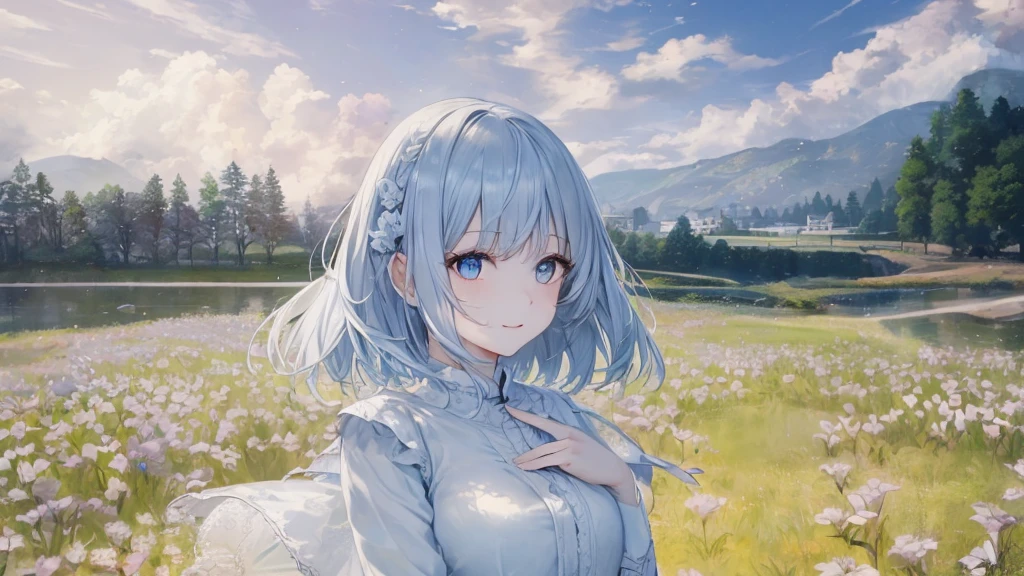 Ultra HD,Look at the viewers, Place your hands behind your back, and, 20-year-old, 非常にshort hair, Long bangs between the eyes, Pale blue eyes, Very detailed,(masterpiece、Highest quality),Gray Hair、Laughter、wonderful, Silver Hair, iris, short hair、 Fluttering Hair、Small face、明るいsmile、(Detailed face) ,Professional Lighting,wonderful風景,blue sky, sunlight,Looking down from above,Portraiture、Open your mouth、Flower Field、Her eyes were shining、Mysterious and enchanting atmosphere。With AI Painting、andてもshort hair, Long bangs between the eyes, Very detailed,(masterpiece、Highest quality)、alone、Gray Hair、Fantasy, Silver Hair, Fantasyな風景、smile、Open your mouth、short hair、short hair、hairpin、black eye、Grey Eyes、Beautiful Eyes、Black Shirt、White hoodie
