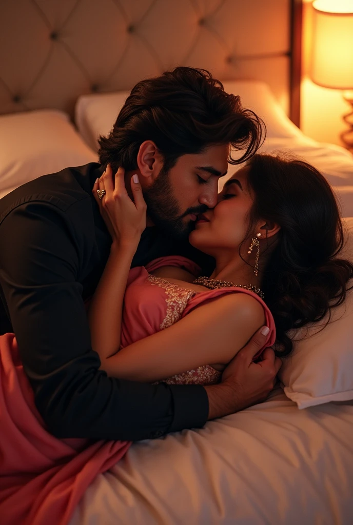 1. **লেখা**: ডিজাইনের উপরের অংশে সুন্দর ও চোখে পড়ার মতো ফন্টে "Shakib + Srity" লেখা থাকতে হবে
2.অ্যাকশন**: ছেলে এবং মেয়ে একে অপরকে লিপ কিস এবং জরিয়ে চুমাচুম্মি করছে
2. **ব্যাকগ্রাউন্ড**: একটি বিছানার দৃশ্য, যেখানে একটি রোমান্টিক পরিবেশ তৈরি করা হয়েছে। মেয়েটি ছেলেকে জরিয়ে কিস করবে
3. **চরিত্র**:
- **ছেলে**: বিছানায় শুয়ে আছে এবং তার পরণে একটি ব্ল্যাক কালারের পাঞ্জাবি রয়েছে।
- **মেয়ে**: ছেলের পাশে শুয়ে আছে এবং তার পরণে একটি সারি রয়েছে।