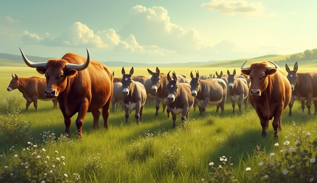 Create an image of a large group of oxen and donkeys grazing together in a green, fertile field, Under a clear, sunny sky. The oxen are strong and robust, while the donkeys are nearby with their young, symbolizing the abundance and prosperity of the blessings that God bestowed upon Job."