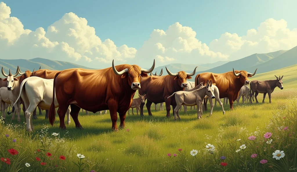 Create an image of a large group of oxen and donkeys grazing together in a green, fertile field, Under a clear, sunny sky. The oxen are strong and robust, while the donkeys are nearby with their young, symbolizing the abundance and prosperity of the blessings that God bestowed upon Job."