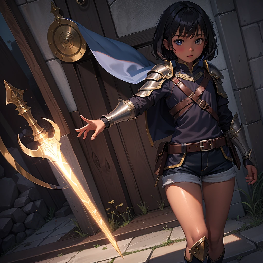 最high quality、high quality、Simple Cloth Armor、10Year-old girl adventurer、Shorts、Equipped with a dagger and a shield、In a dark maze