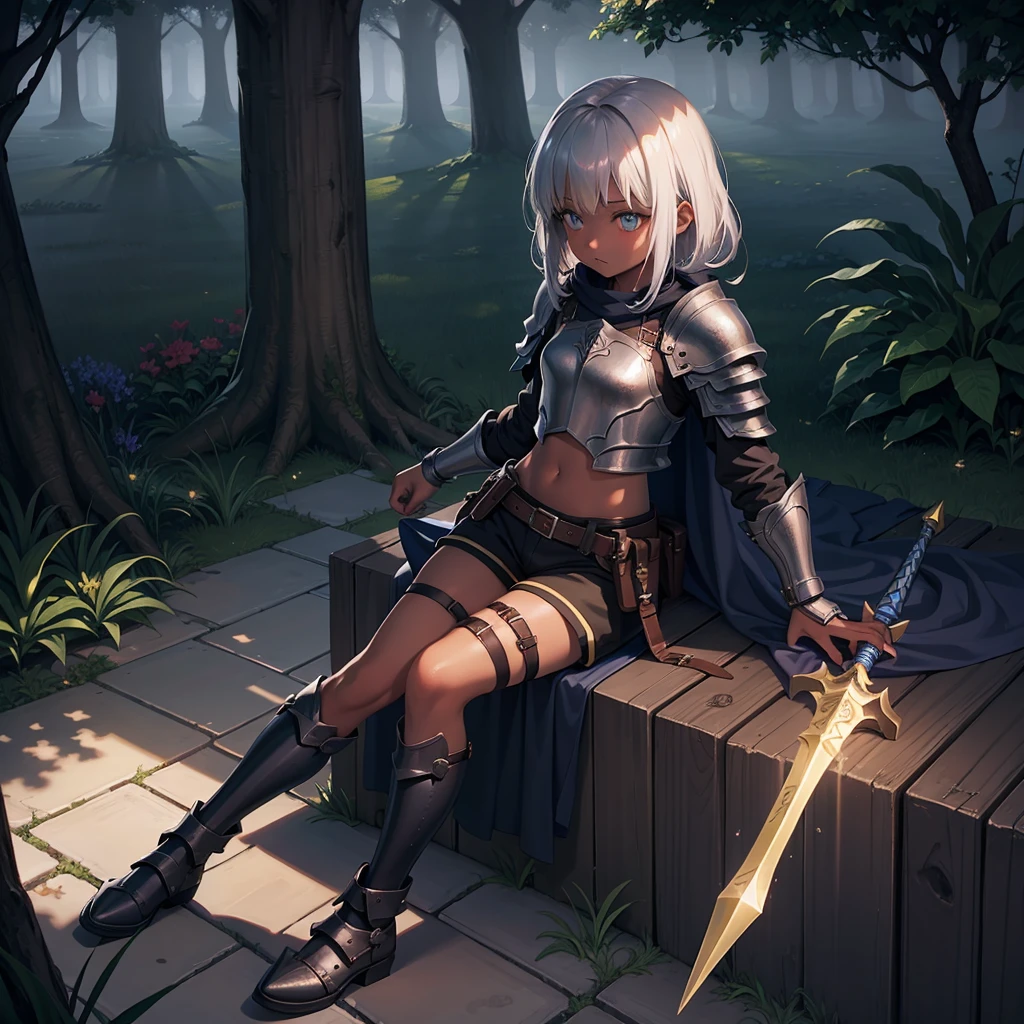 最high quality、high quality、Simple Cloth Armor、10Year-old girl adventurer、Shorts、Equipped with a dagger and a shield、In a dark maze