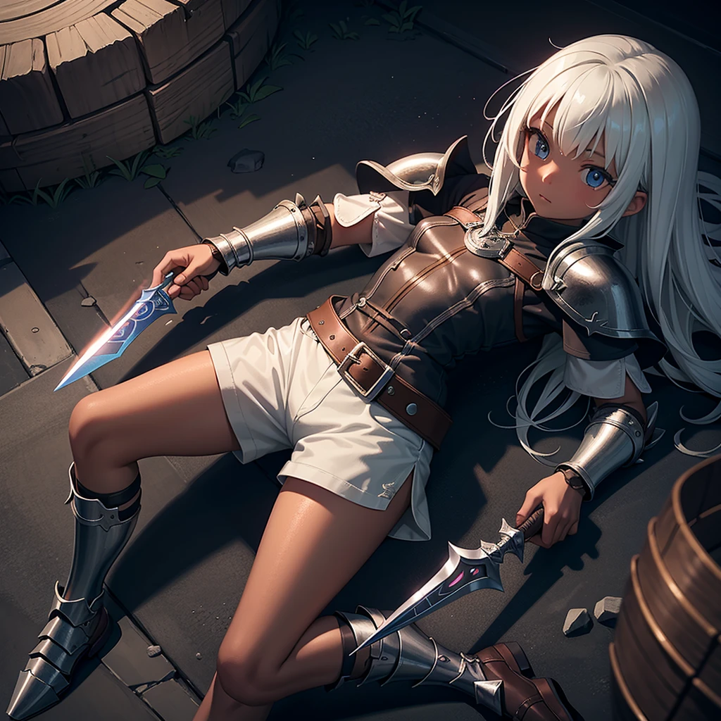 最high quality、high quality、Simple Cloth Armor、10Year-old girl adventurer、Shorts、Equipped with a dagger and a shield、In a dark maze