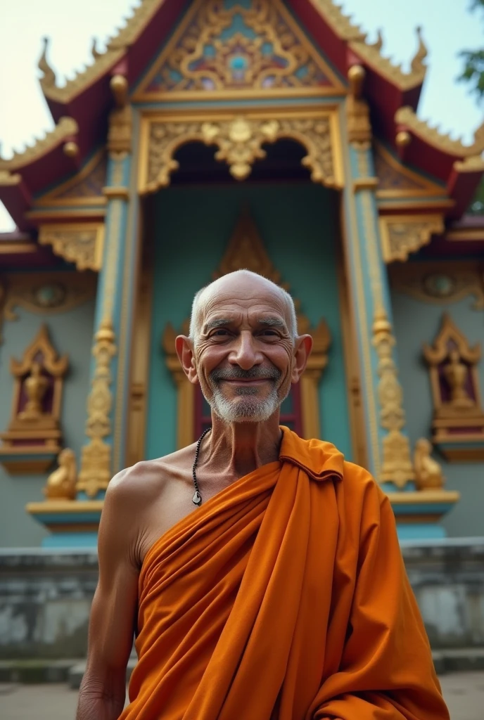 Picture of an old monk with no hair, no mustache, no beard, no eyebrows, smiling slyly, standing in front of a Thai temple called Wat Itampayata.