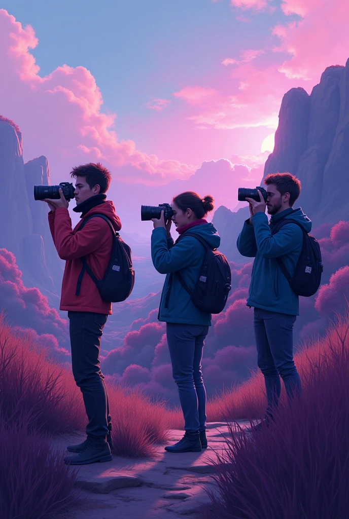 color blind people taking pictures using a camera for color blind and the theme is violet or dark more
