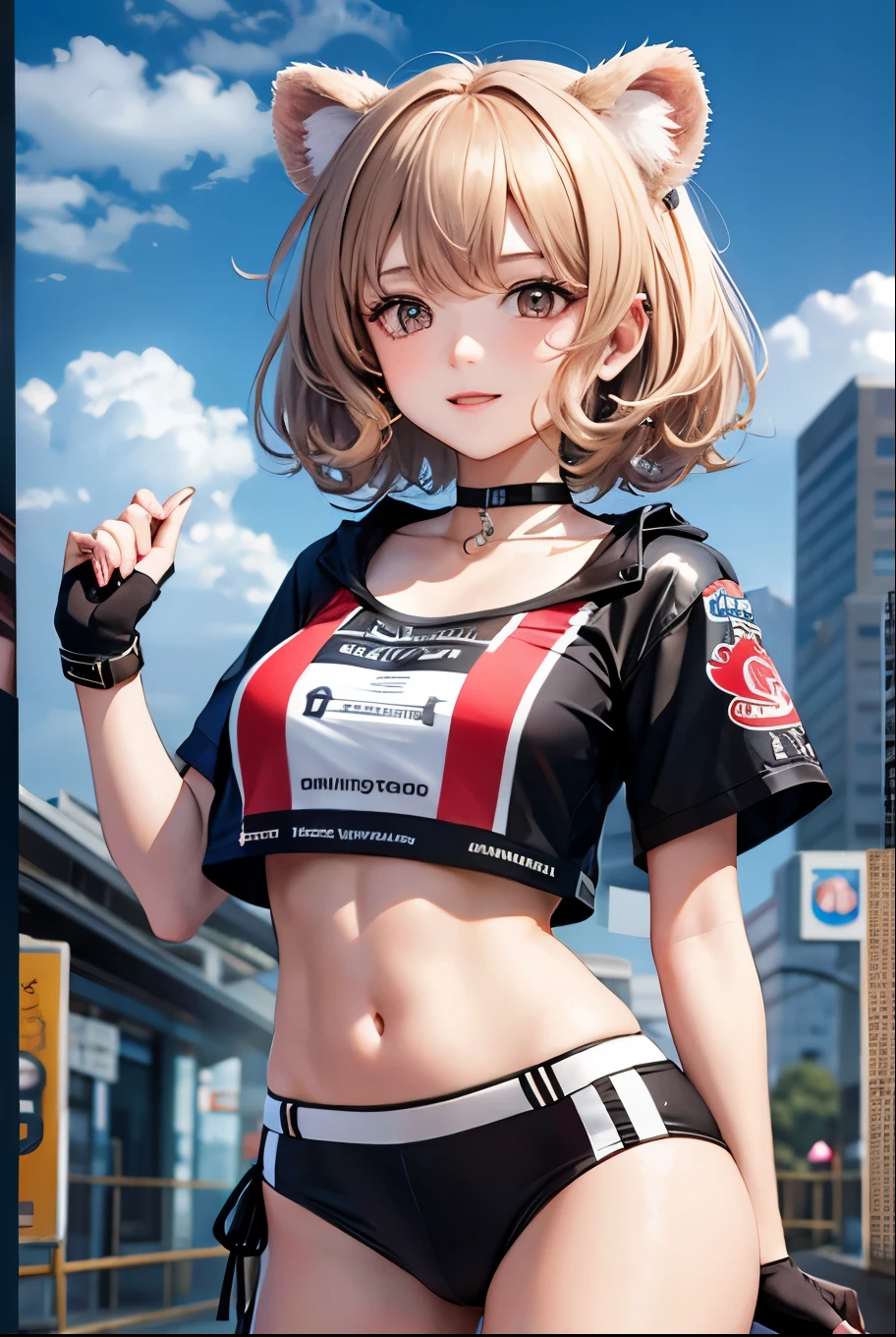 Top quality, highly detailed, UHD, idol, playing at an amusement park, cute and beautiful anthropomorphic koala girl with brown curly bob hair wearing a heart-shaped choker, casual clothes