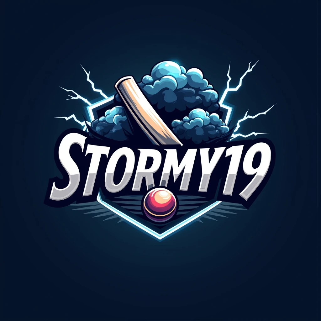 Create a logo for a cricket team named 'Stormy19'. The logo should feature a dynamic and bold design with a cricket bat and ball. Include a stormy theme with elements like lightning bolts or storm clouds to represent the 'Stormy' part of the name. The number '19' should be prominently displayed. Use a color scheme that includes dark blue, silver, and white to give the logo a modern and energetic look. The design should be suitable for use on team jerseys and promotional materials."