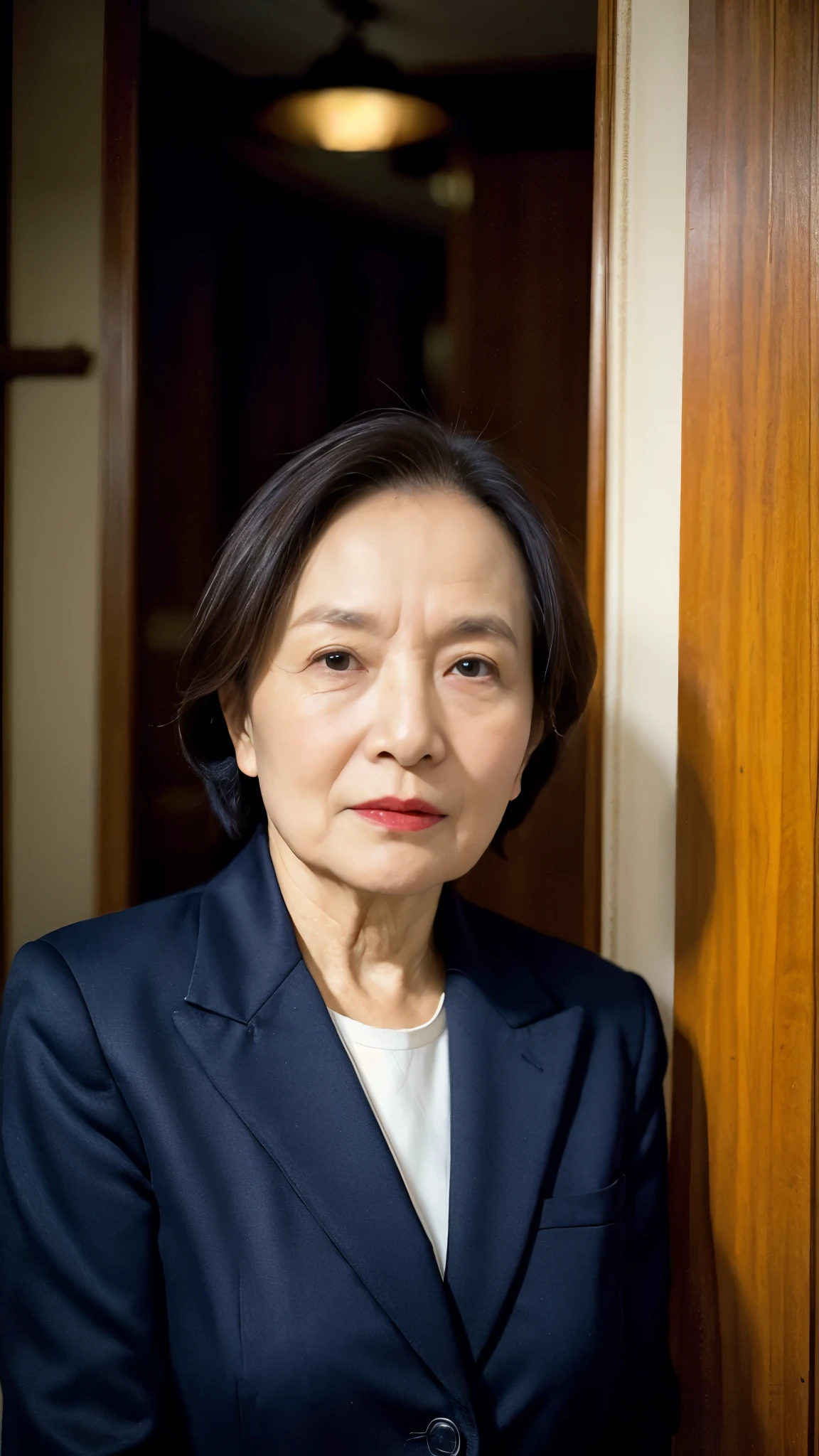 masterpiece, ((Written boundary depth)), 32K, Beautiful finish, Face close-up, Beautiful mature woman, 90-year-old woman, Photo of your ID, Business operator, chief executive officer(chief executive officer(CEO)), View from the front, angry gaze, Cool look, Red lips, Thin lips, Wearing a suit over underwear, Light from the front,