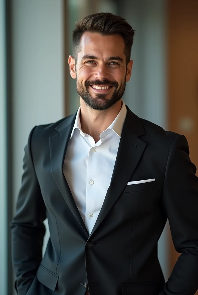 “A well-groomed man with a neatly trimmed beard, standing confidently against a neutral or corporate background. He is wearing a black suit jacket over a crisp white shirt. His look is polished and professional, with natural lighting that highlights his features. His expression is calm yet approachable, with a slight smile or neutral look, conveying both confidence and professionalism.