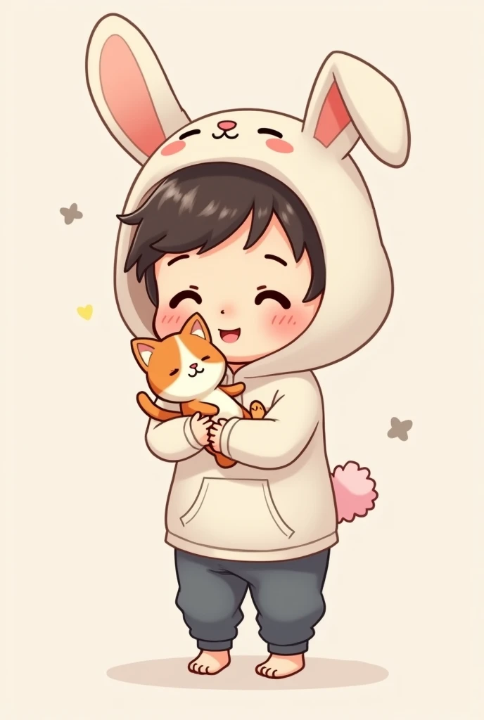 Cute human cartoon standing holding kitten with bunny hoodie 