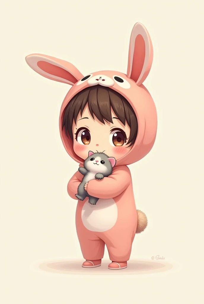 Cute human cartoon standing holding kitten with bunny hoodie