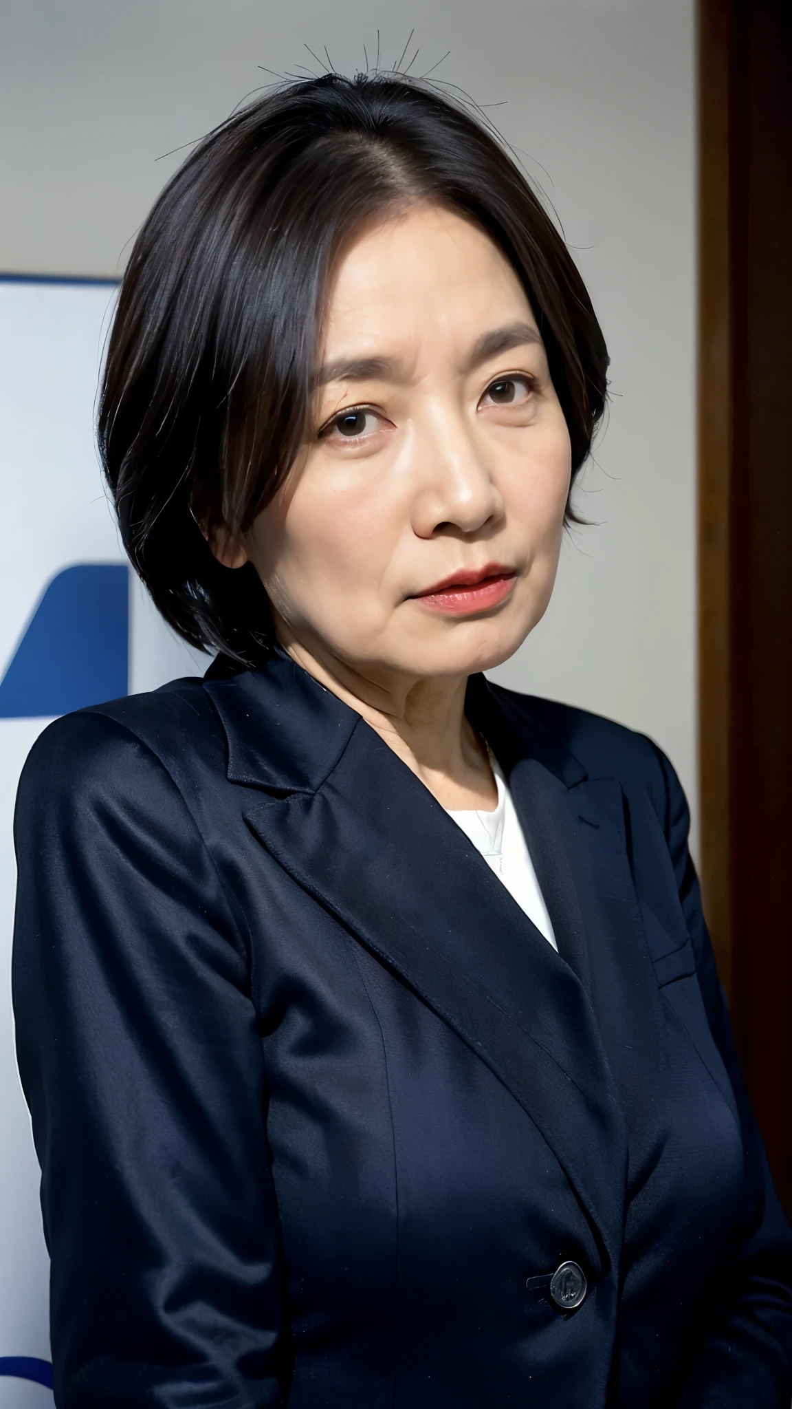 masterpiece, ((Written boundary depth)), 32K, Beautiful finish, Face close-up, Beautiful mature woman, 90-year-old woman, Photo of your ID, Business operator, chief executive officer(chief executive officer(CEO)), View from the front, angry gaze, Cool look, Red lips, Thin lips, Wearing a suit over underwear, Light from the front,