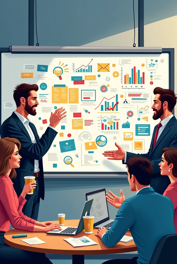 A creative team brainstorming session, with a whiteboard covered in digital marketing strategies, social media icons, and content ideas, in a vibrant office setting