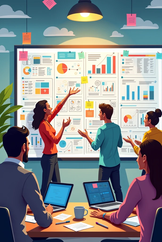 A creative team brainstorming session, with a whiteboard covered in digital marketing strategies, social media icons, and content ideas, in a vibrant office setting