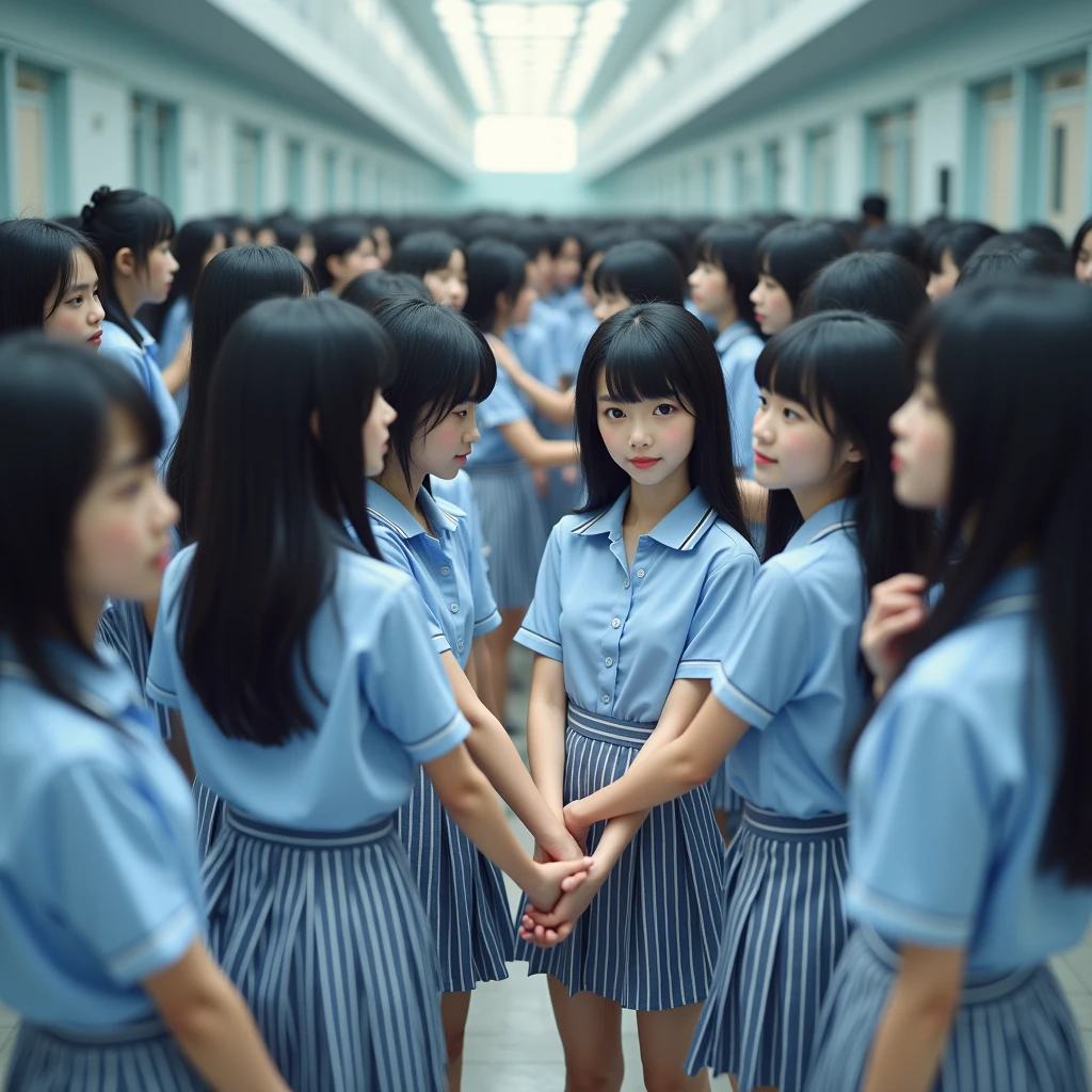 (((((Japanese Clone-girls=Myself))))), (((Super Best Perfect Clone-girls Raw Photography Art))), (((16K, Highest quality, Ultra-high resolution, Real Photography, RAW quality))), (((It's so unrealistic., An astonishing world view, With an unfathomable sight, In an out-of-this-world situation, In a world where Myself Clone-girls are multiplying in large numbers, Ultra-realistic, Delusion))), (((Japanese Girls, hashimoto-kanna, 17yo, Small face, Thick black hair, Semi-long hair, Dark Eyes, Mature face, Cute Smile, Smiling face, A gentle gaze, (((Very happy laughter)))))), (((Very beautiful detailed girls, Accurate body structure, Accurate body movements, Very detailed body, (((Big Breasts, J-Cup)))))), (((Summer Girls' School Uniform, Light blue shirt, I can see the cleavage, Big Breasts強調, blue and white striped mini skirt))), ((((((((Very detailed, Myself cloning, Depiction of splitting oneself, 1Myself girl-cloning-1,000,000,000,000,000,000,000,000,000,000Myself clone-girls)))))))), (((((((Very detailed clone depiction, (((The same perfect female body as Myself, Myself and the same perfect face, Perfect same hairstyle as Myself, Myself and the perfect same outfit, Perfect height with myself, Myself and perfect J-Cup)))))))))), (((((Myself clone-girls only))))), (((((1,000,000,000,000,000,000,000,000,000,000Myself clone-girls))))), (((Very detailed, Extremely crowded, Body-to-body contact with no gaps))), (Bright and soft lighting), (((((Clear and accurate perspective depiction, super wide view, Ultra-wide field of view, Focus on the average value of the image))))), (((((Myself clone-girls, With very detailed depiction, Pleasant conversation, Holding hands, Hug, Skinship between thousands of Myselves))))), School building, classroom, corridor, Lounge, Atrium Hall, spiral stage, Elevator, gym, School Assembly, after school