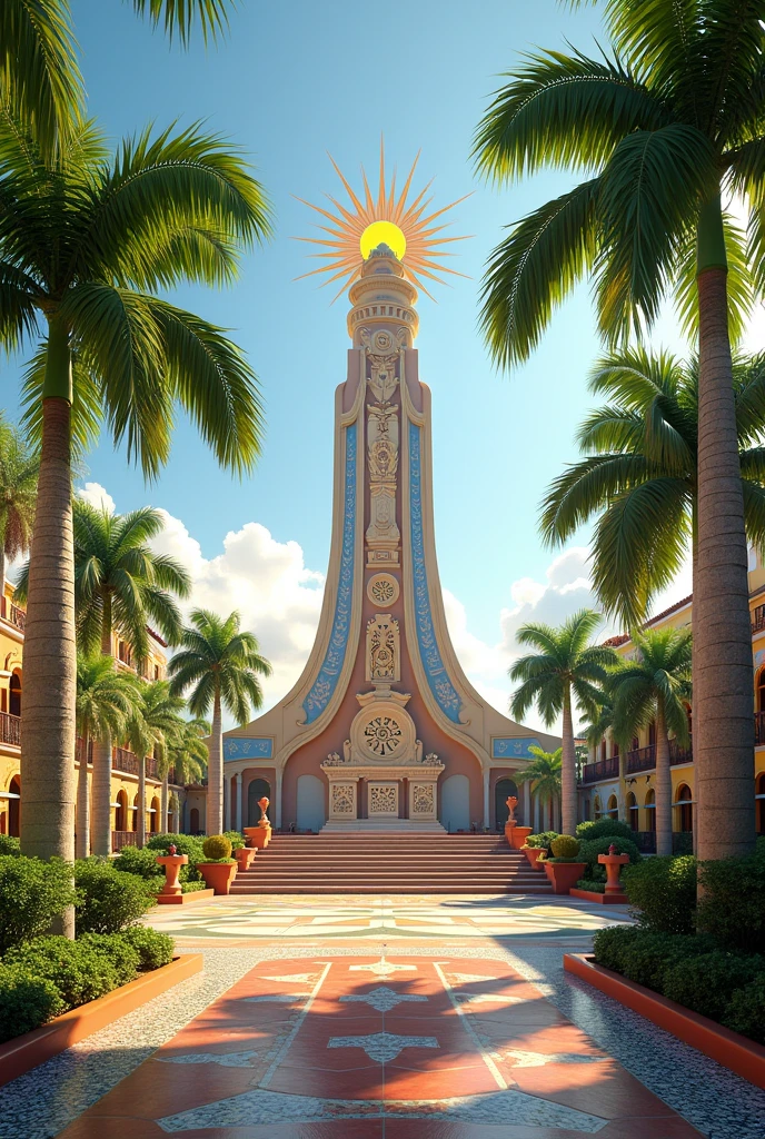 Create a plaza with Cuban palm trees and ceibo trees, a large monument to the sun