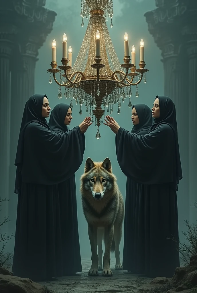 3 hijab women holding a chandelier along with a wolf