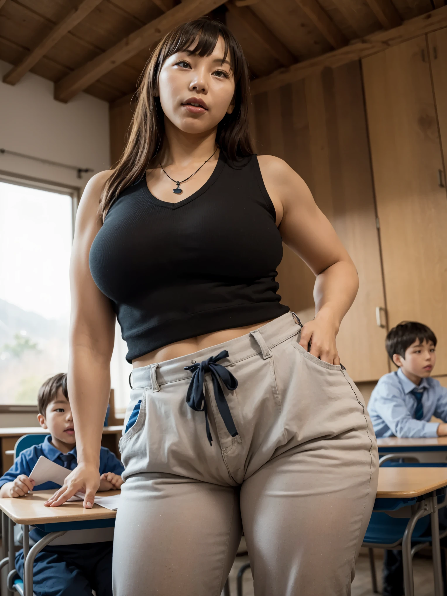 (Mature southkorean!woman & little gradeschooler african!boy), BREAK, Teacher girl, mouth open, 42yo sensual southkorean l!milf teaching in secluded poor african (gradeschool shack) deep by the Kenya forest. dark hair with bangs, lipgloss, natural make-up, simple necklace, the girl wearing sleeveless short with vest and pencil skirt, her arms behind head, fleshy milf's arms, gradeschooler homeroom teacher, standing confidently, cupboard, dirty minimalist gradeschool with 1 african!boy gradeschooler student, chatting with 1 tiny african!boy, tiny gradeschooler african!boy wearing dirty school uniform with bulging pants, masterpiece, best quality, best result, mature female, BREAK, scenario: the gradeschooler hitting her off, the school is really minimalist and deep in the mountain, school for the poor, BREAK, (FOCUS: MATURE FEMALE SOUTH KOREAN & TINY LITTLE AFRICAN BOY), the boy mus be african!fat_boy,