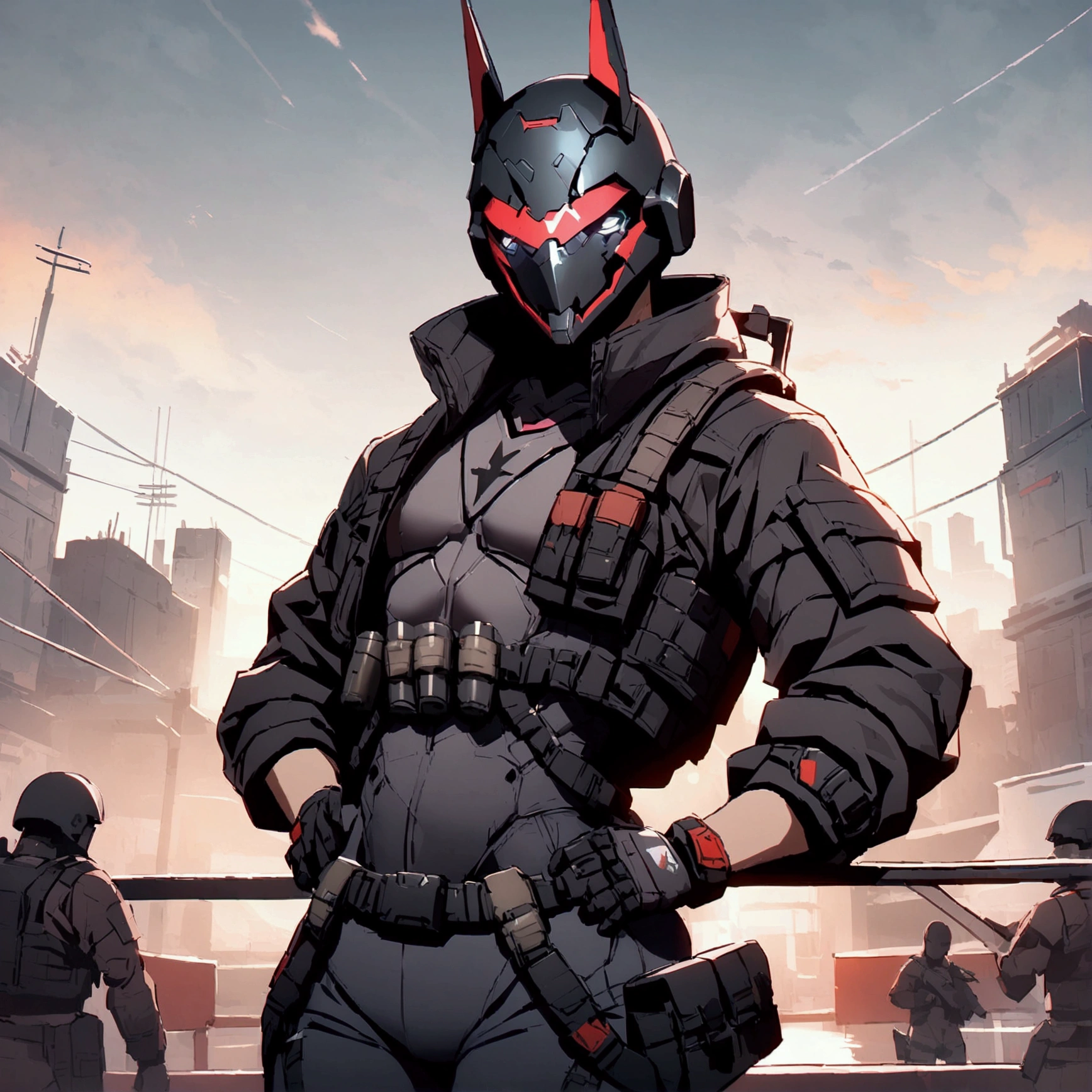 high detailed, Male, full-face helmet. matte black helmet with a smooth, curved surface, plain helmet, grey bodysuit tight shirt. webbing rig, Dark brown cargo pants, V shaped lenses. Black Jacket, Black and red jacket, Open jacket. Halfbody view, Hands on hips, two white eyes, mercenary, black jacket, cyberpunk, tactical soldier, webbing rig, Cyberpunk, tactical gear, cyberpunk