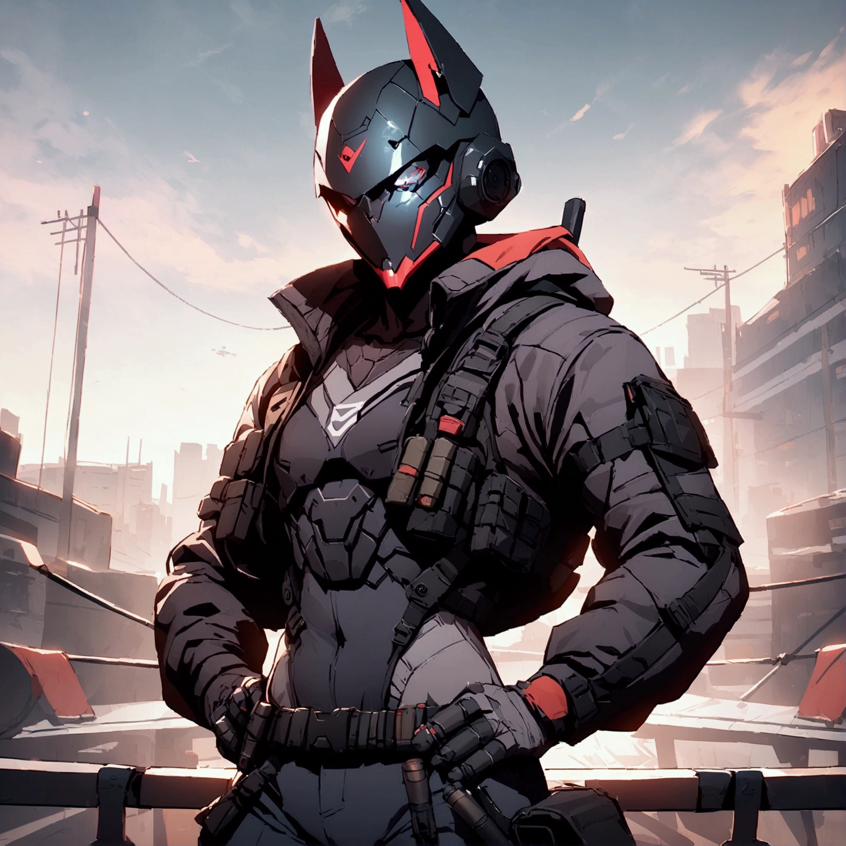 high detailed, Male, full-face helmet. matte black helmet with a smooth, curved surface, plain helmet, grey bodysuit tight shirt. webbing rig, Dark brown cargo pants, V shaped lenses. Black Jacket, Black and red jacket, Open jacket. Halfbody view, Hands on hips, two white eyes, mercenary, black jacket, cyberpunk, tactical soldier, webbing rig, Cyberpunk, tactical gear, cyberpunk