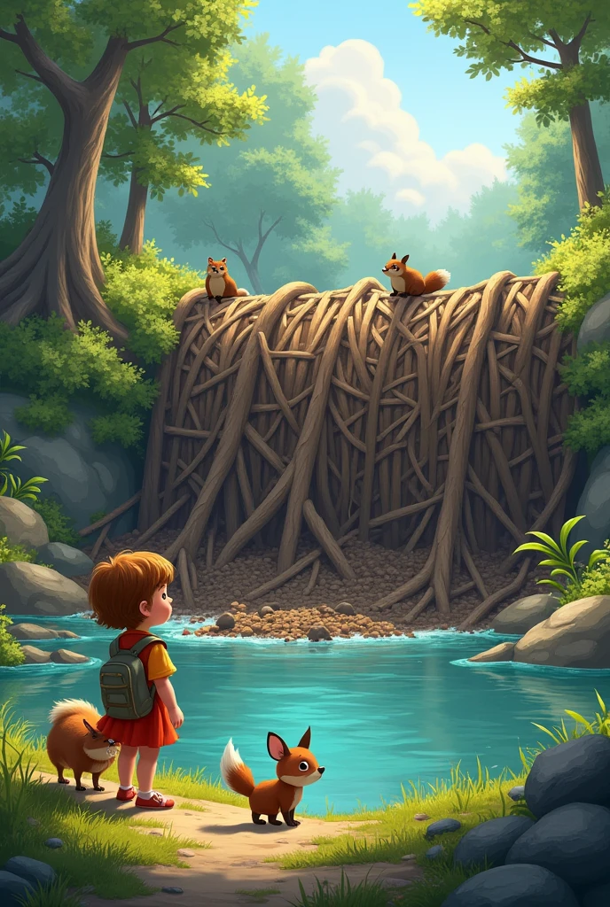 Lila and her animal friends discovering a large beaver dam blocking the river’s flow, with beavers working on their dam in the background