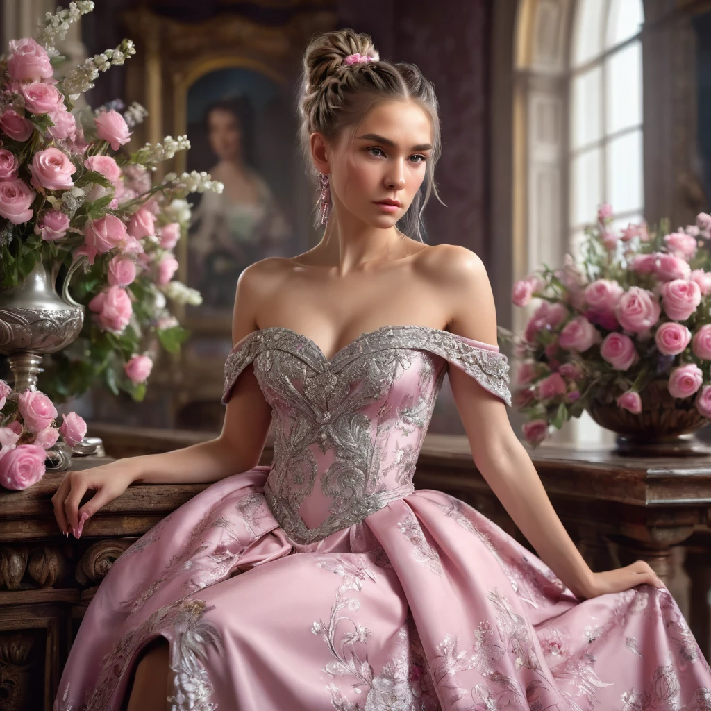 topless woman, serious, elegant, pink sundress, aristocratic, silver elements, long nails, bare shoulders, hairstyle, hair up, braid and ponytail, messy, arrogant, absurdes, detailed dress, royalty, celebration, hall decorated with flowers, cowboy shot, portrait, (best quality), (masterpiece), (highly detailed), (4k)
