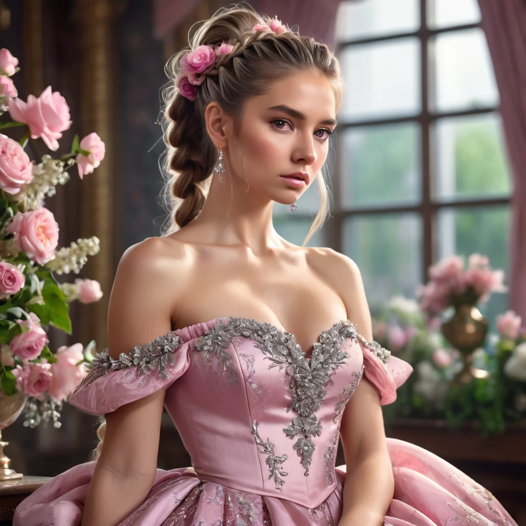 topless woman, serious, elegant, pink sundress, aristocratic, silver elements, long nails, bare shoulders, hairstyle, hair up, braid and ponytail, messy, arrogant, absurdes, detailed dress, royalty, celebration, hall decorated with flowers, cowboy shot, portrait, (best quality), (masterpiece), (highly detailed), (4k)
