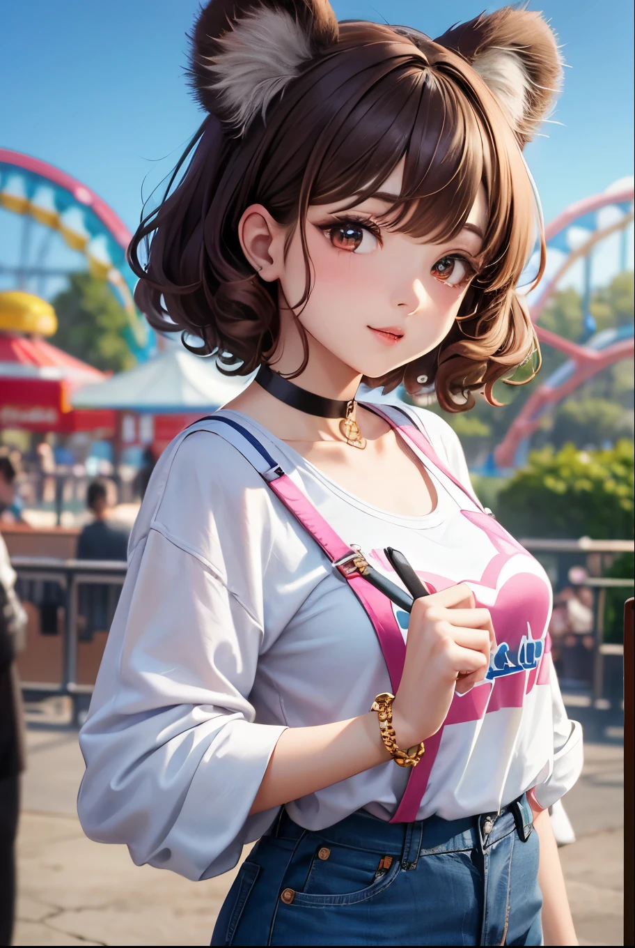 Top quality, highly detailed, UHD, idol, playing at an amusement park, cute and beautiful anthropomorphic koala girl with brown curly bob hair wearing a heart-shaped choker, casual clothes