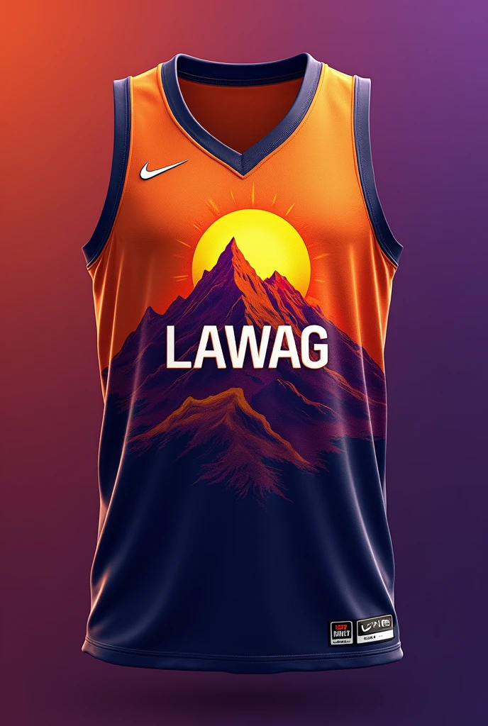 Create a basketball jersey layout front and back, the design is mountain with rising sun and a torch but the fire is a burning basketball ball, the team name is LAWAG. Combinations of color is orange abd violet, base of Phoenix suns
