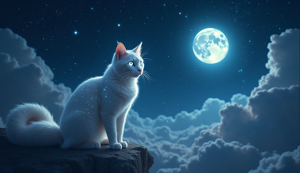 give me a cat in astral time with a sky full of stars and a beautiful moon